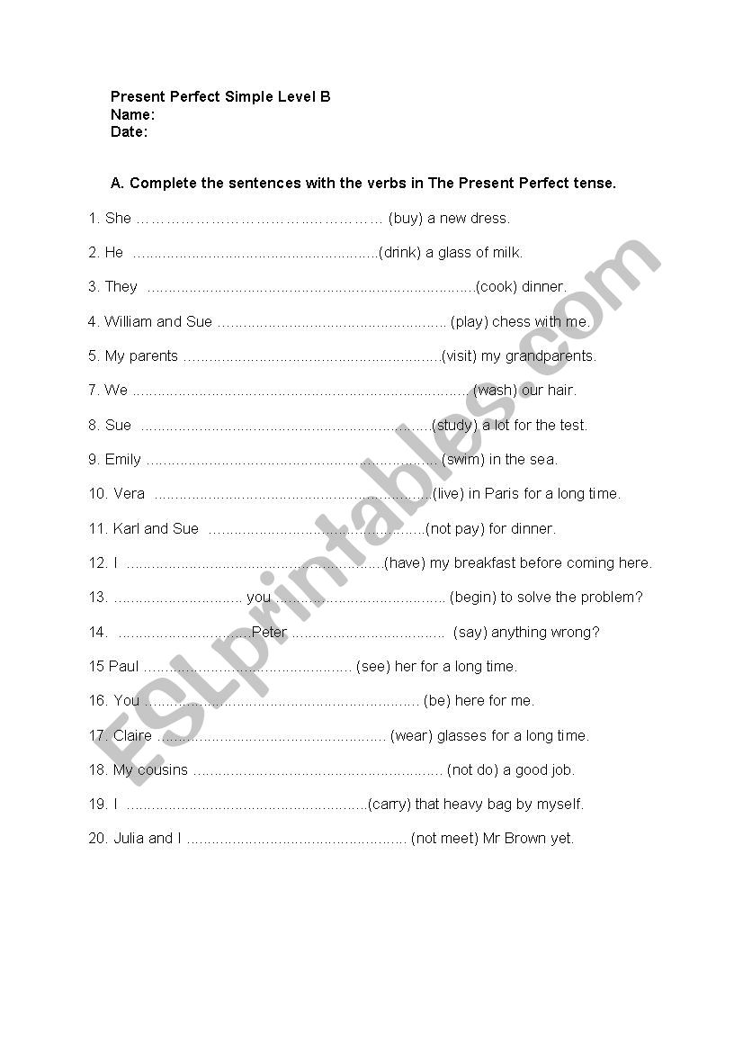 Present Perfect Simple worksheet