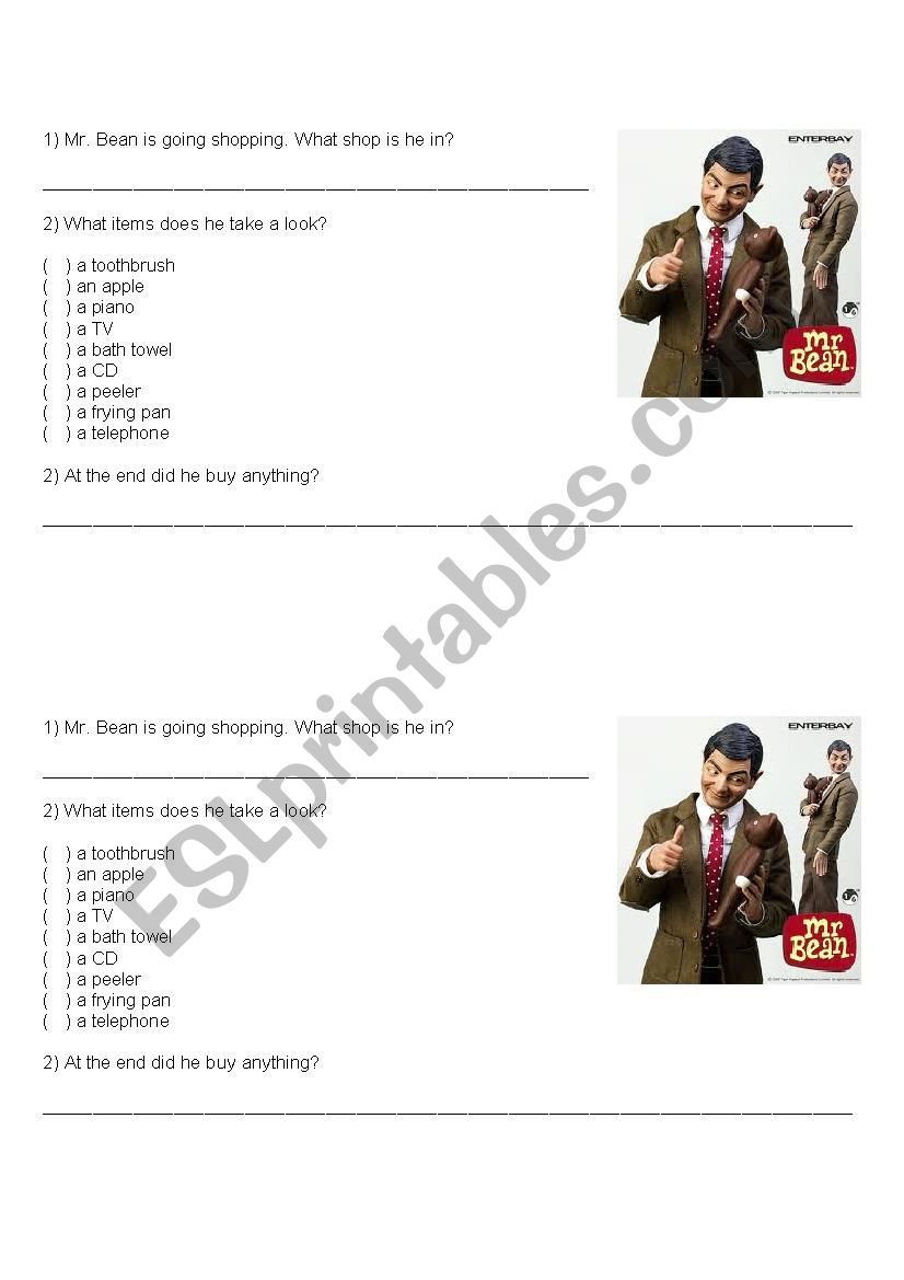 Shopping Mr. Bean worksheet