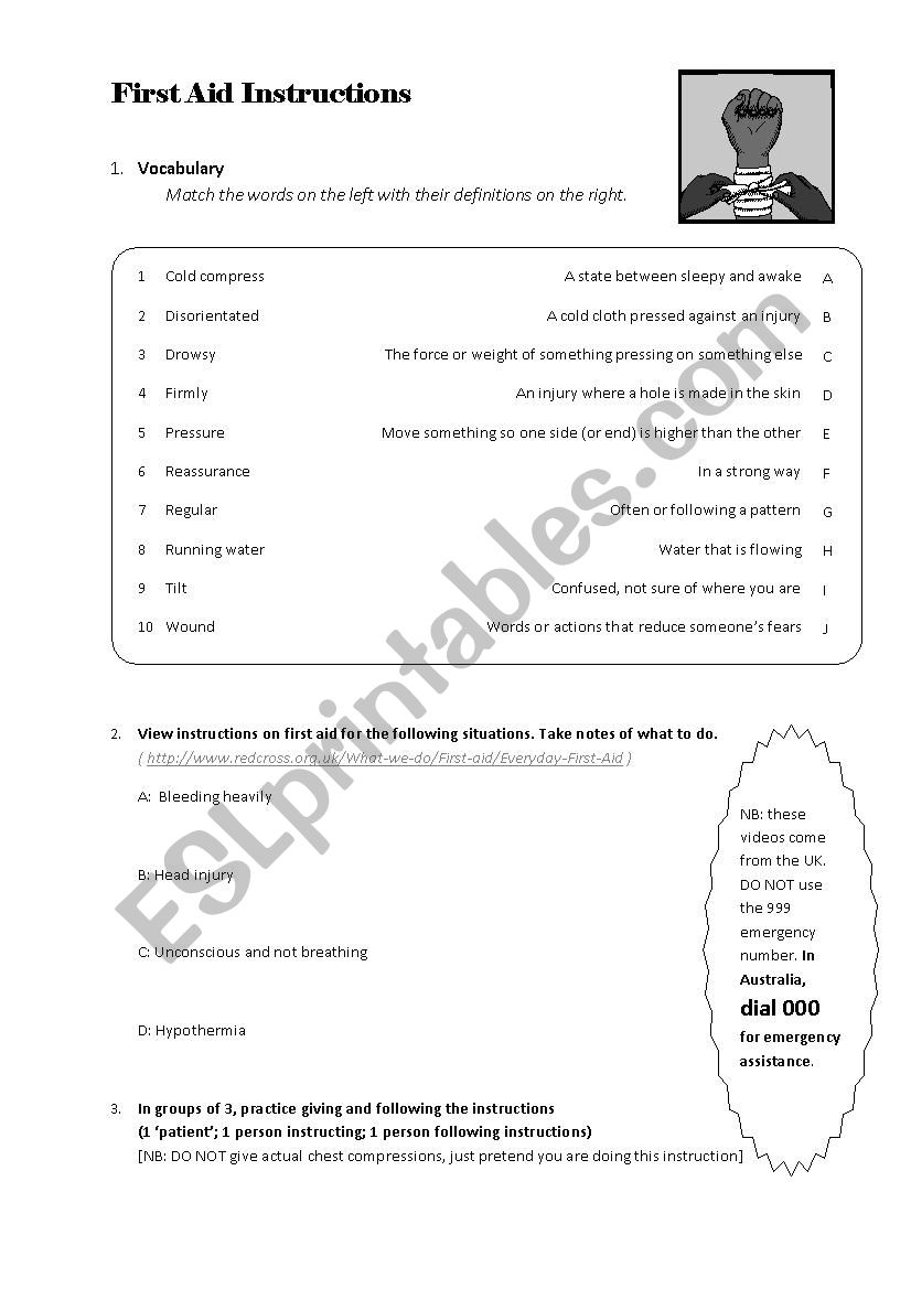 First Aid Instructions worksheet