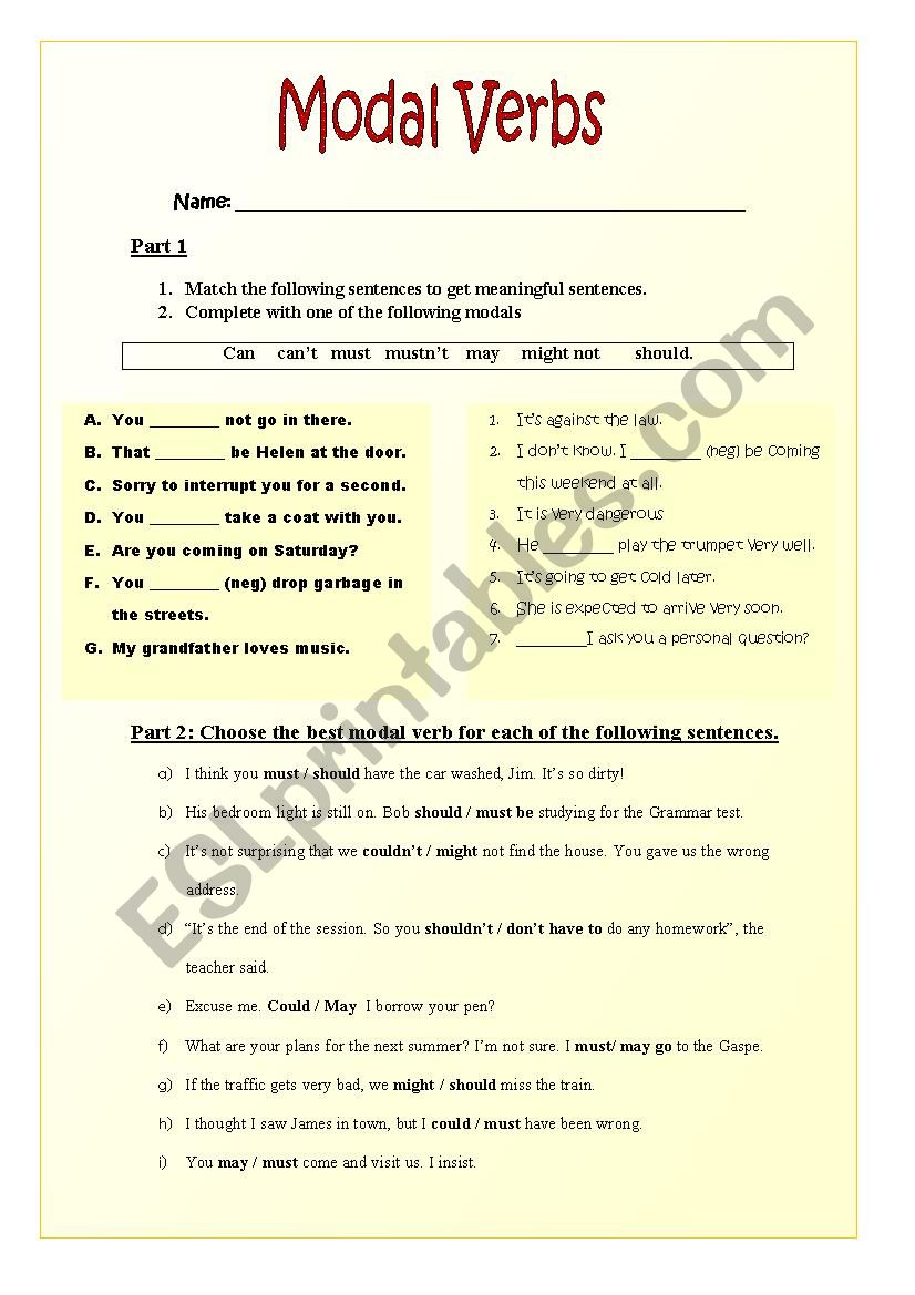 Modals Review worksheet