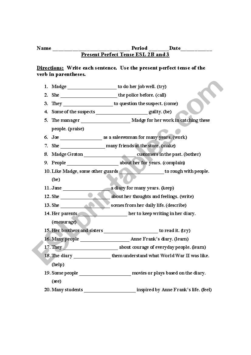 Present Perfect Tense worksheet