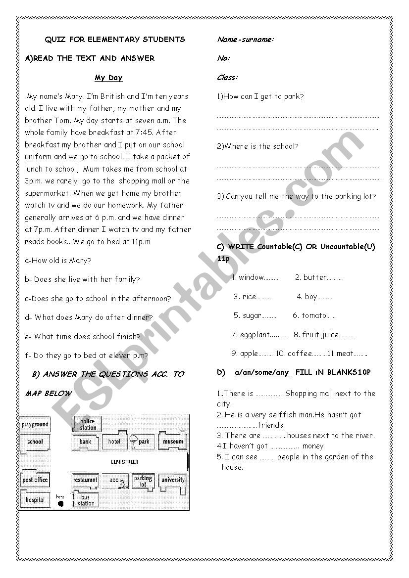 An Elementary Quiz worksheet