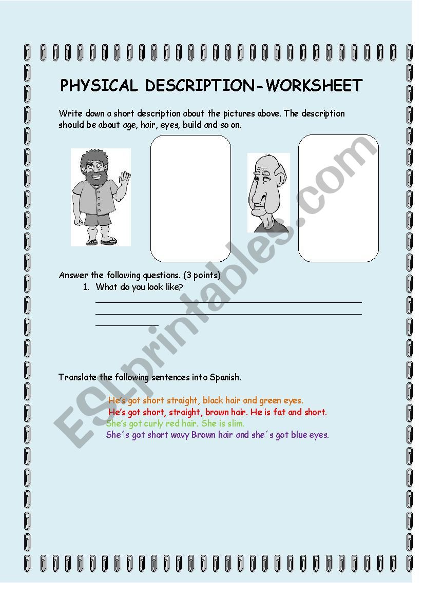 Physical descriptions worksheet