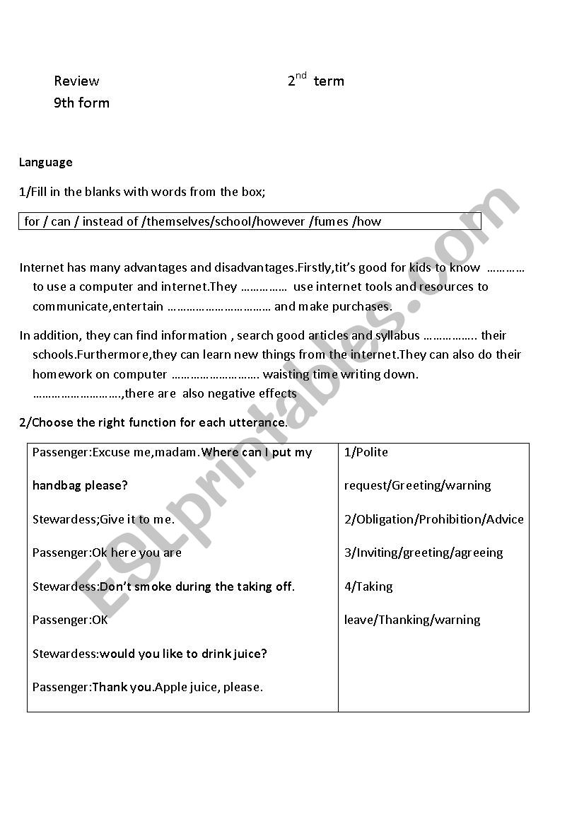 Review .9 th form.2nd term worksheet