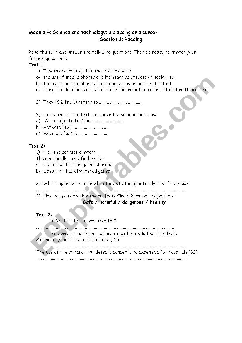 Module 4 science and technology: a blessing or a curse? Section 3 Reading