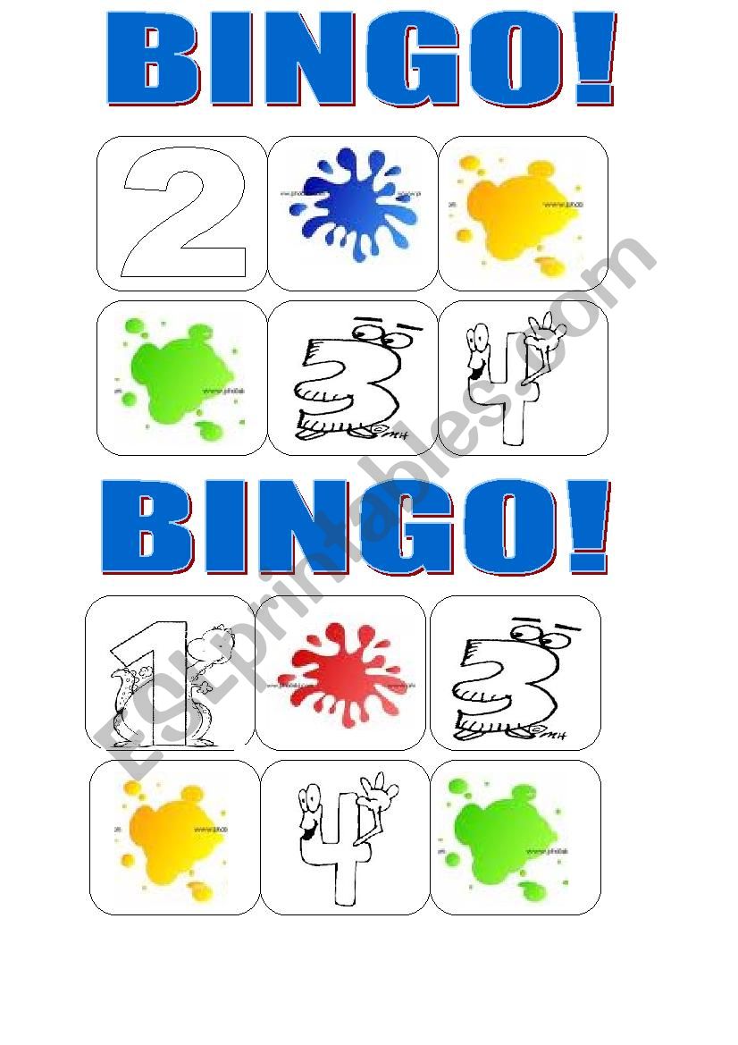 colours and numbers bingo worksheet