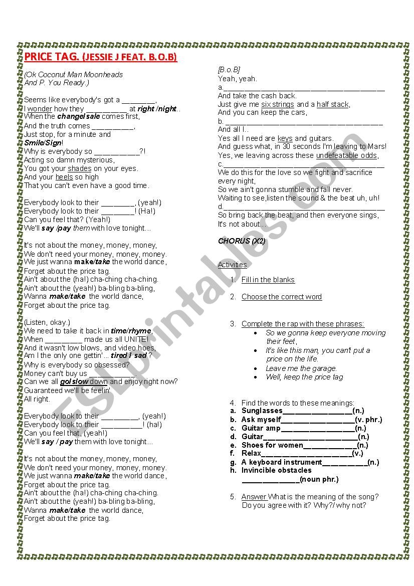 Price Tag worksheet