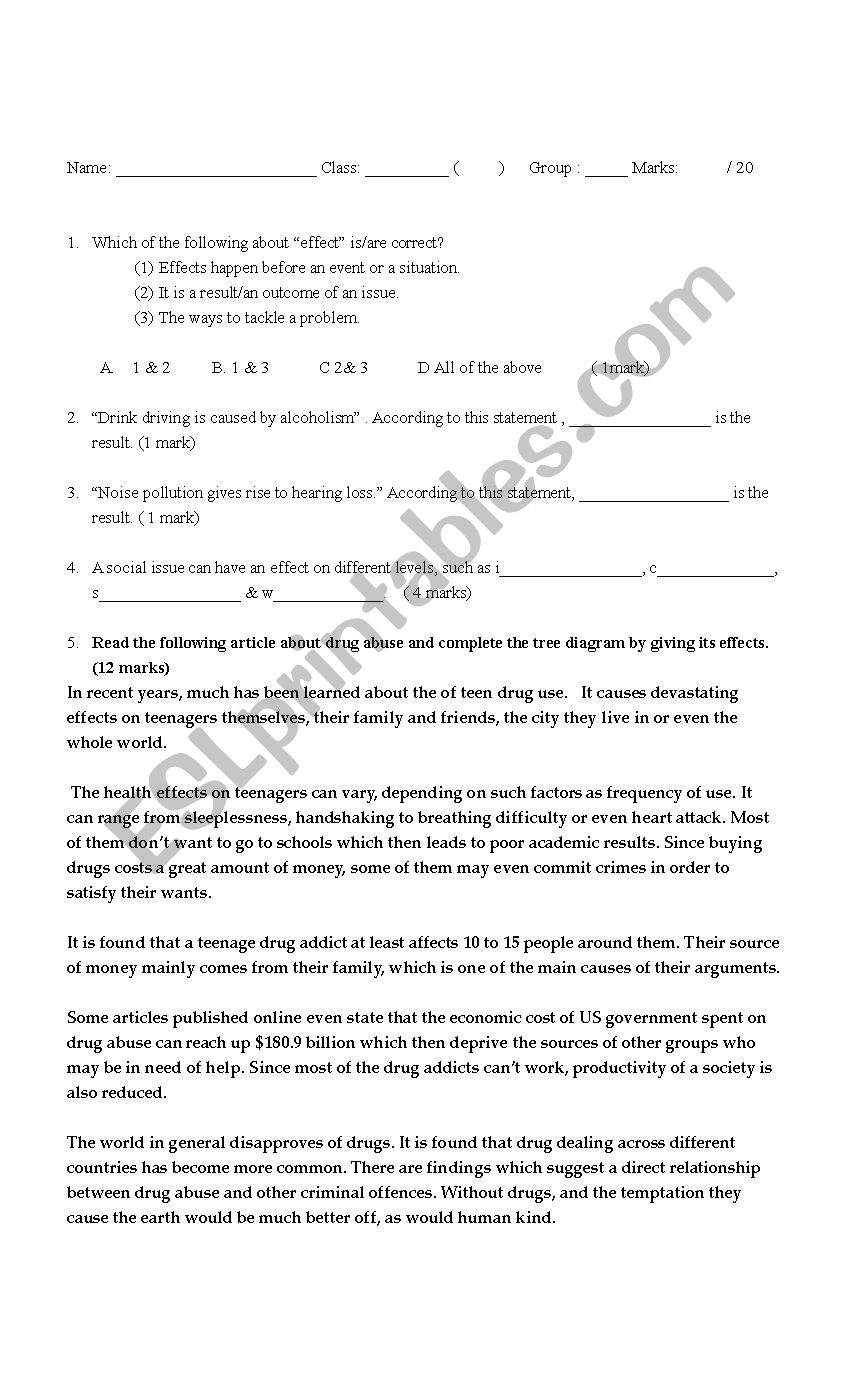 Quiz on effects  worksheet