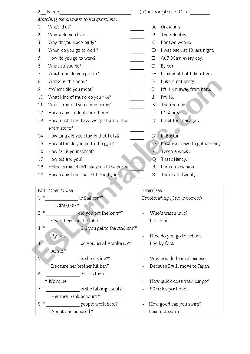 question phrases worksheet