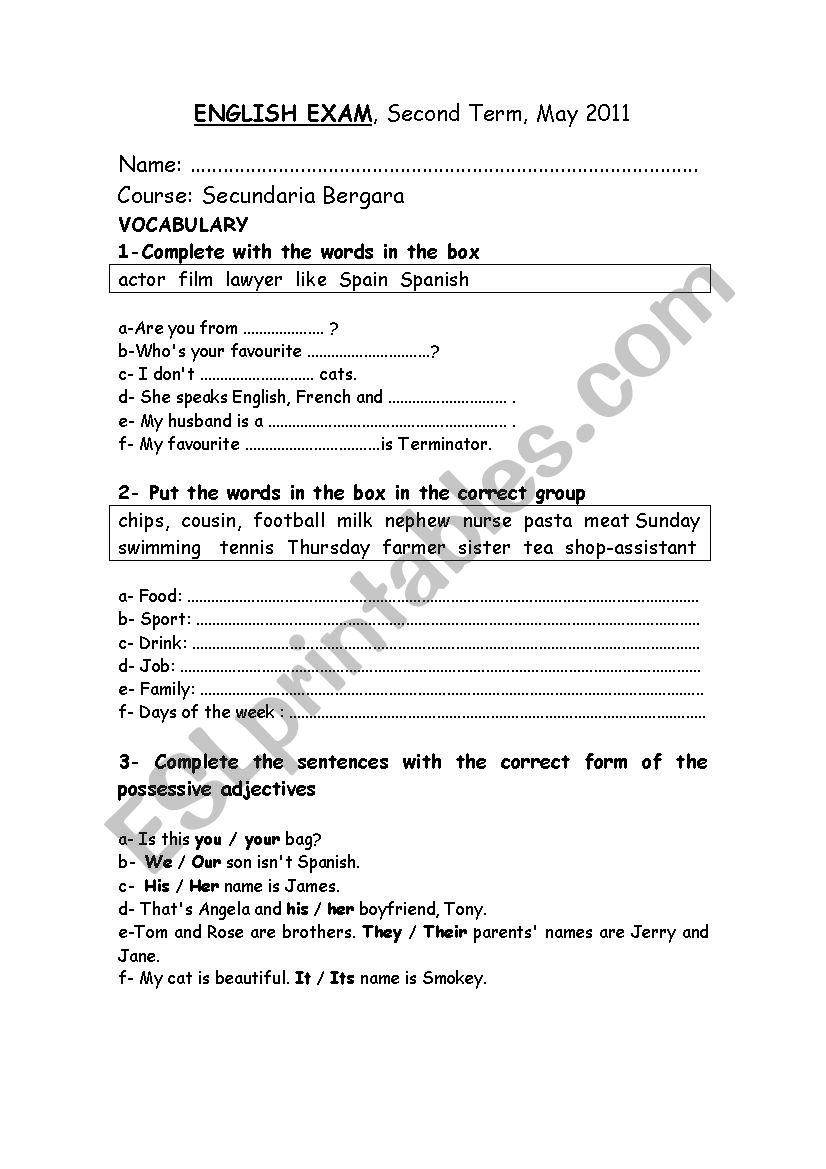 english exam for beginners worksheet