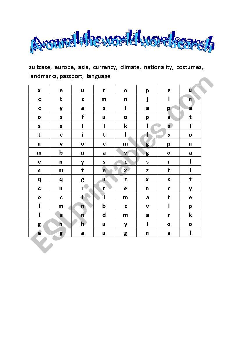 Around the world wordsearch worksheet