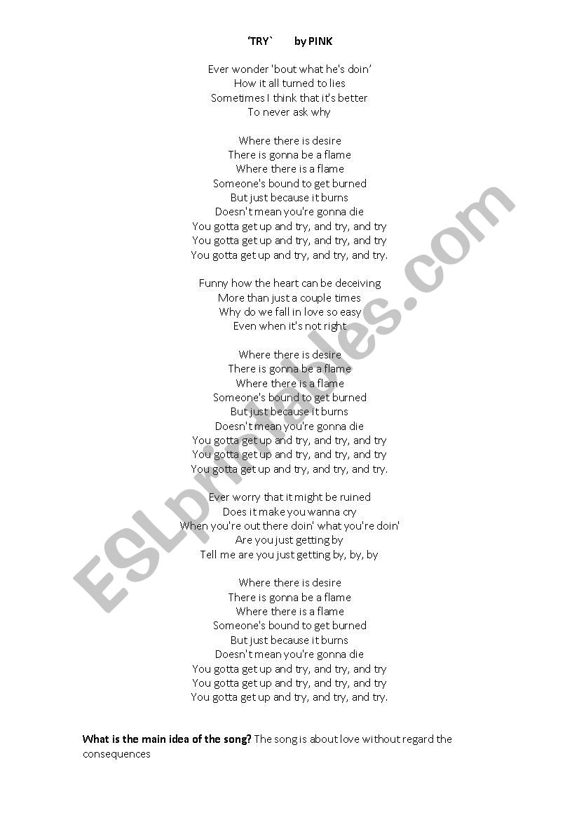 Song: Try by Pink worksheet