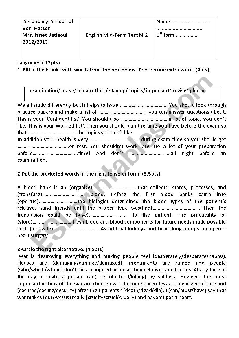 Mid - Term - Test n2 worksheet