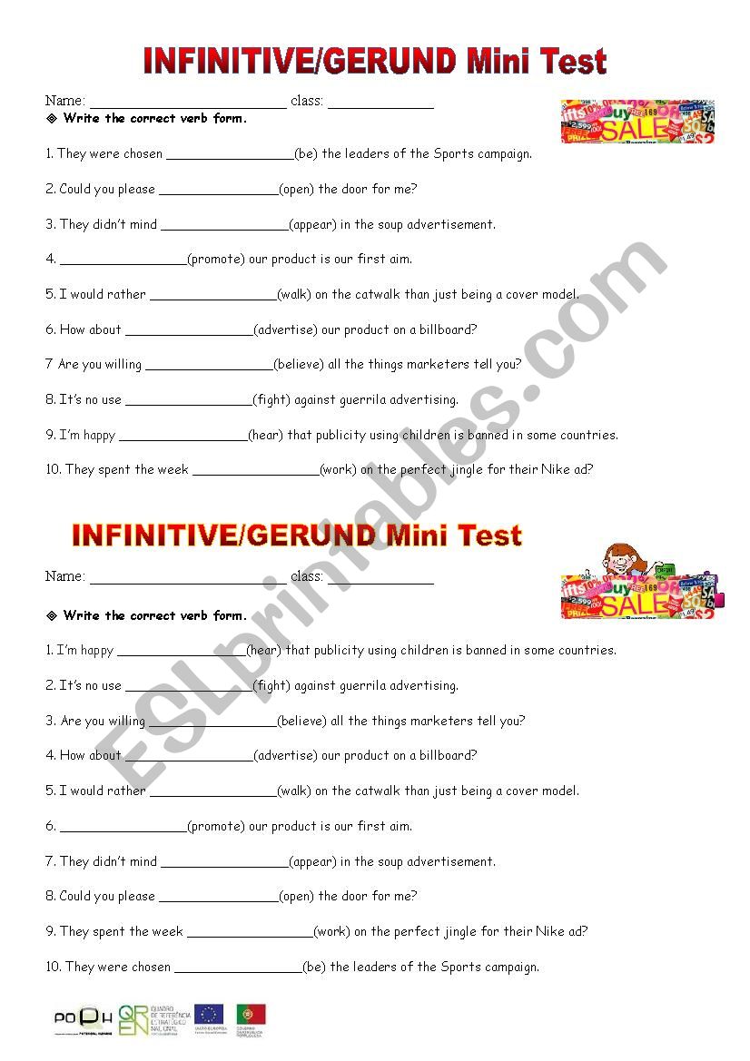 Infinitive/Gerund Mini test worksheet