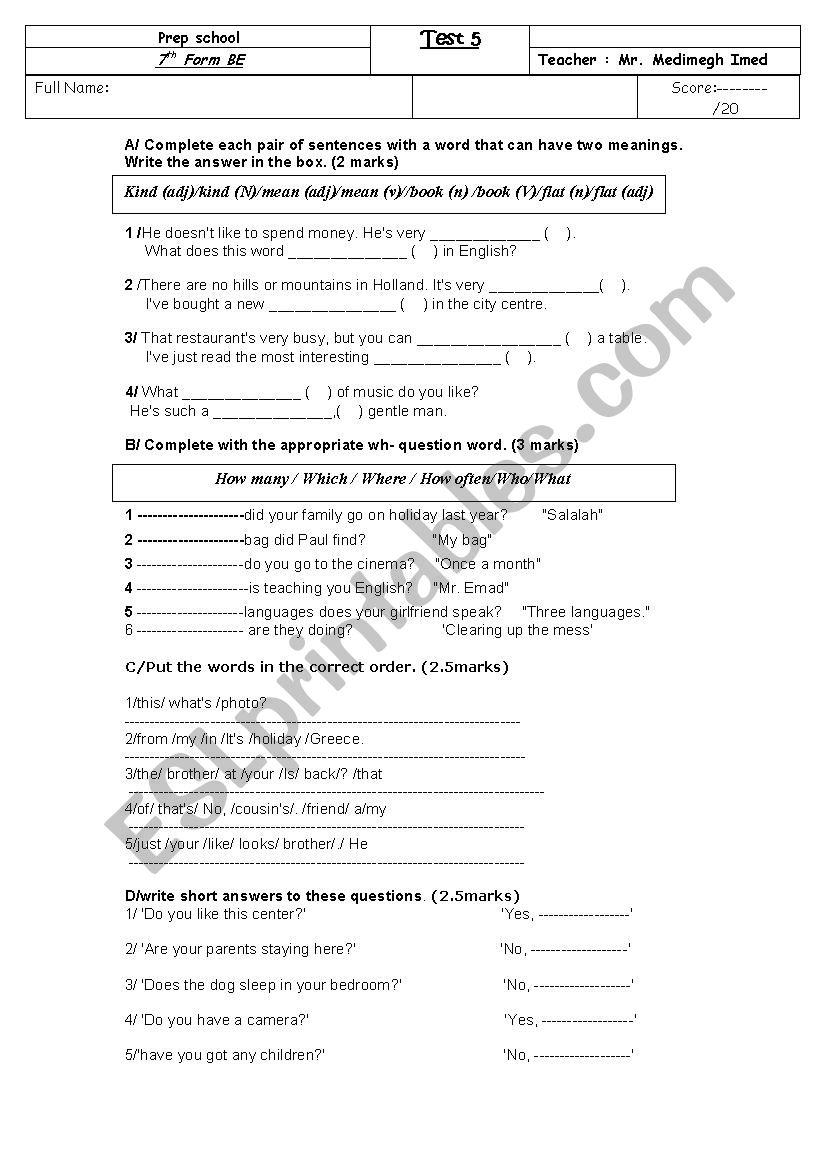 mid term test 3-7th form worksheet