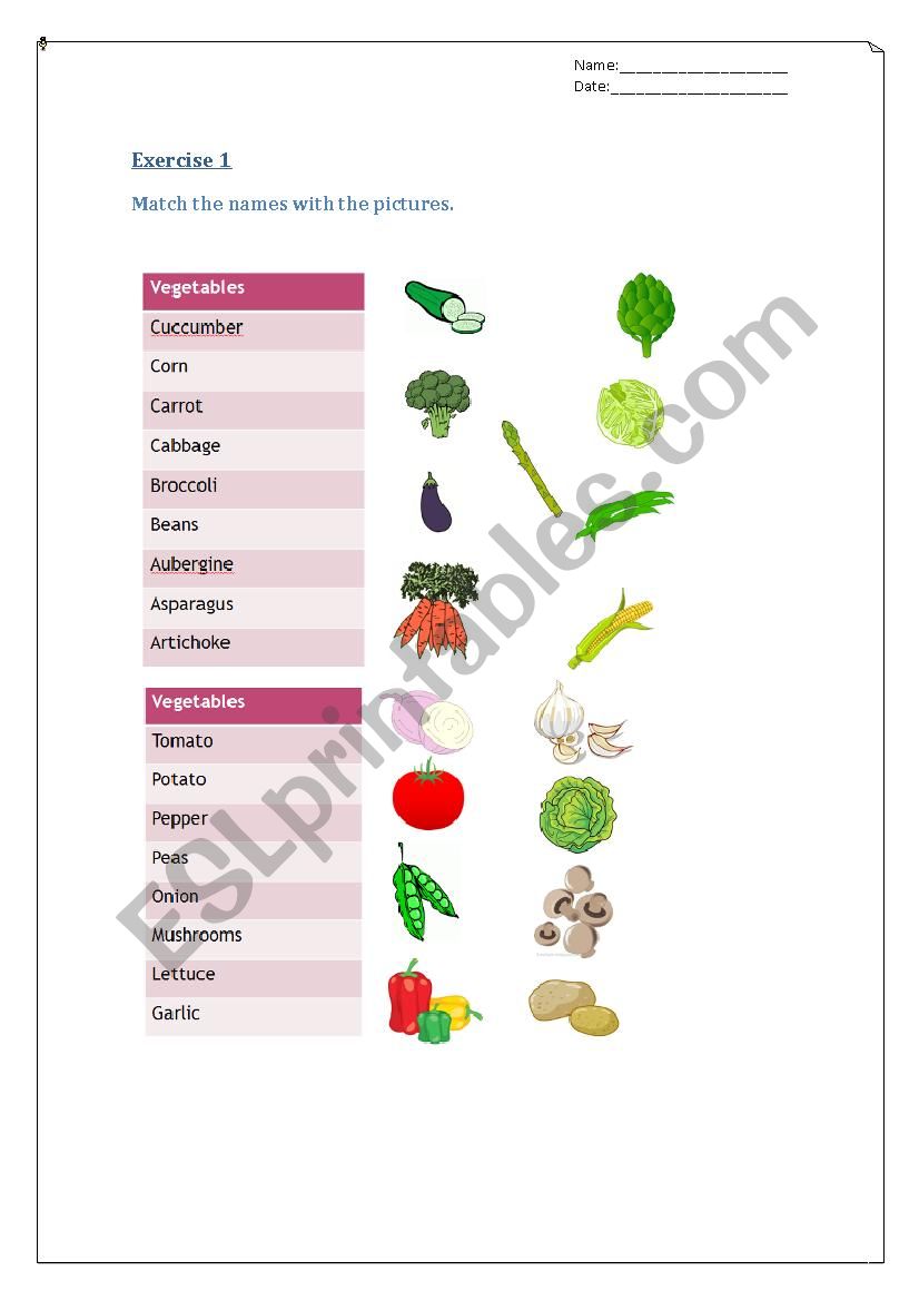 Vegetables worksheet