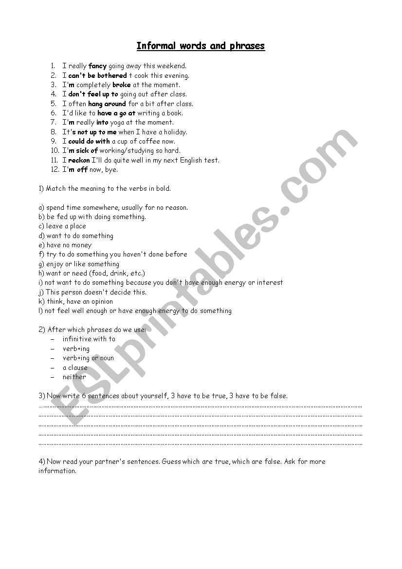 Informal verbs and phrases worksheet