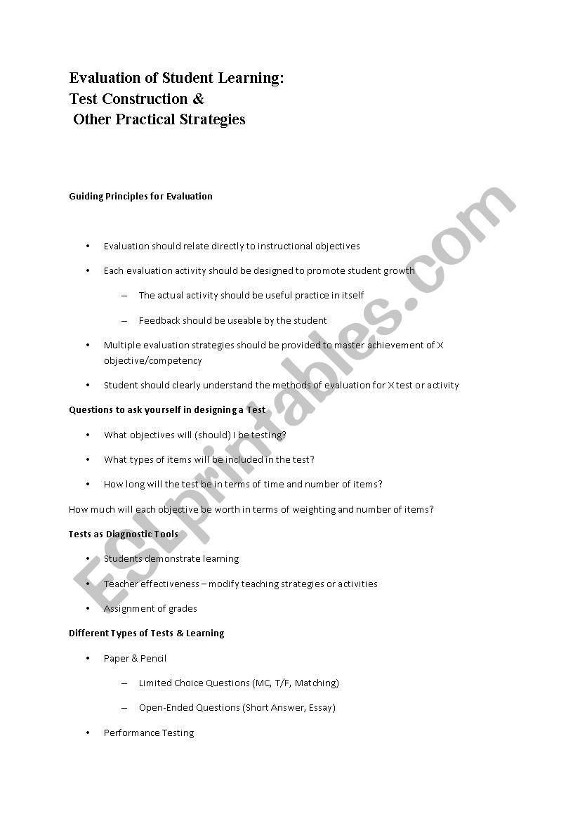 evaluating students learning worksheet