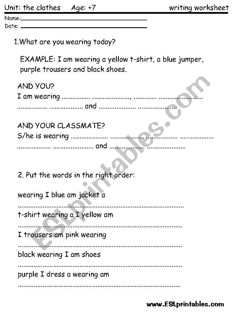 The clothes writing worksheet worksheet