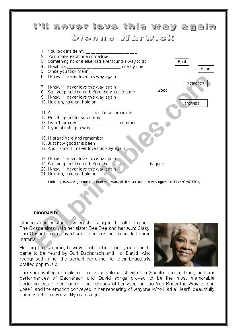 I Ll Never Love This Way Again Esl Worksheet By Julalves1 esl printables