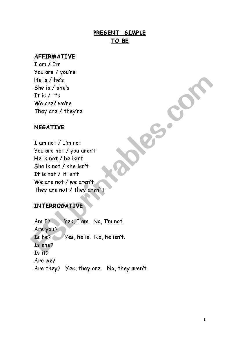 Present Simple (to be) and exercises