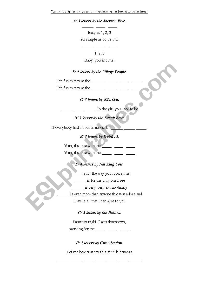 Letters in songs worksheet