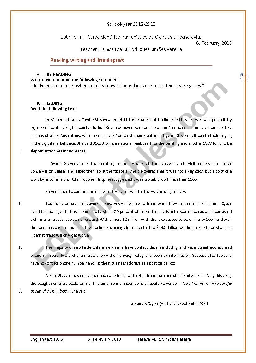 English test  - 10th form worksheet