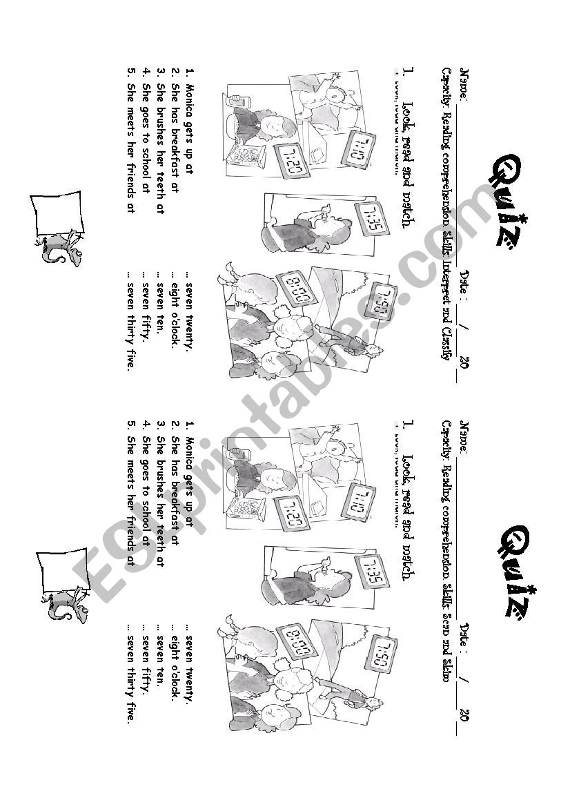 Quiz about time and routines worksheet