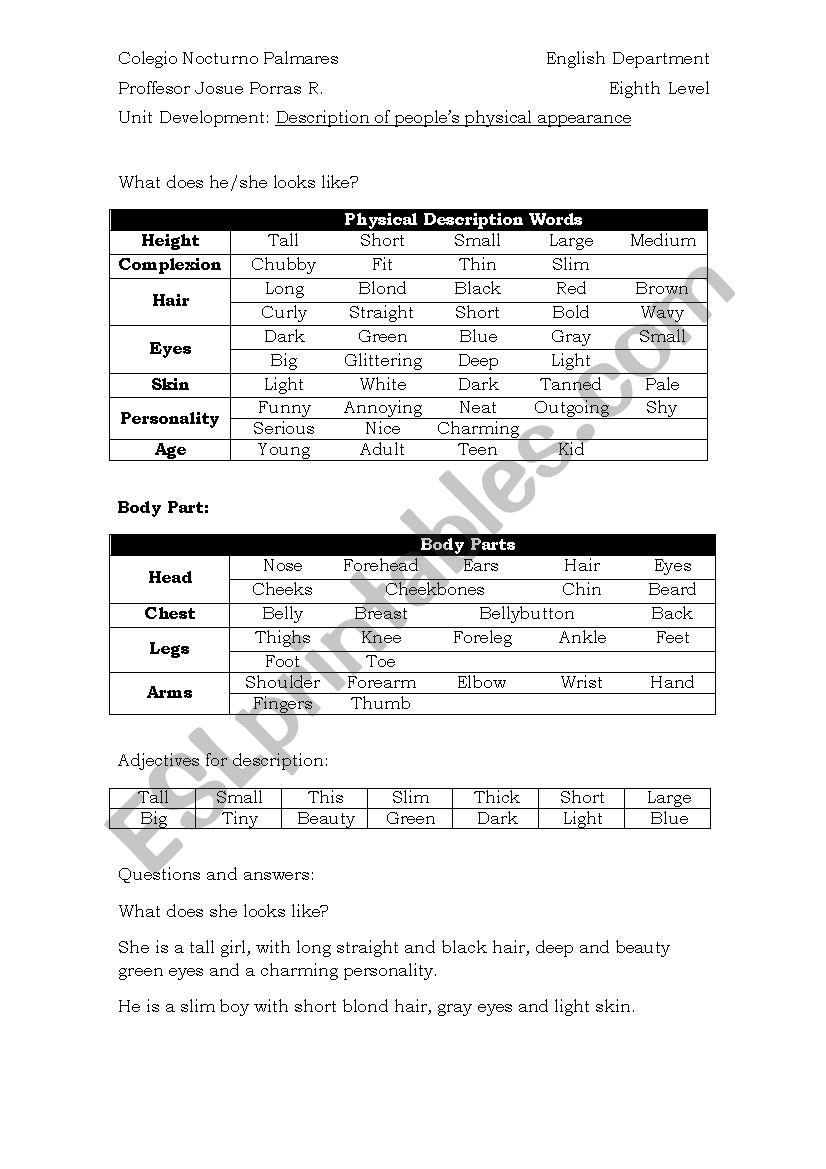 Description and Comparison worksheet