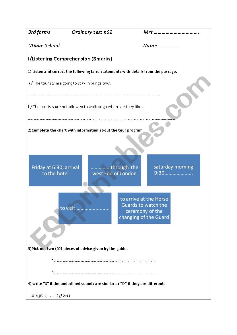 test 3rd form tunisia worksheet