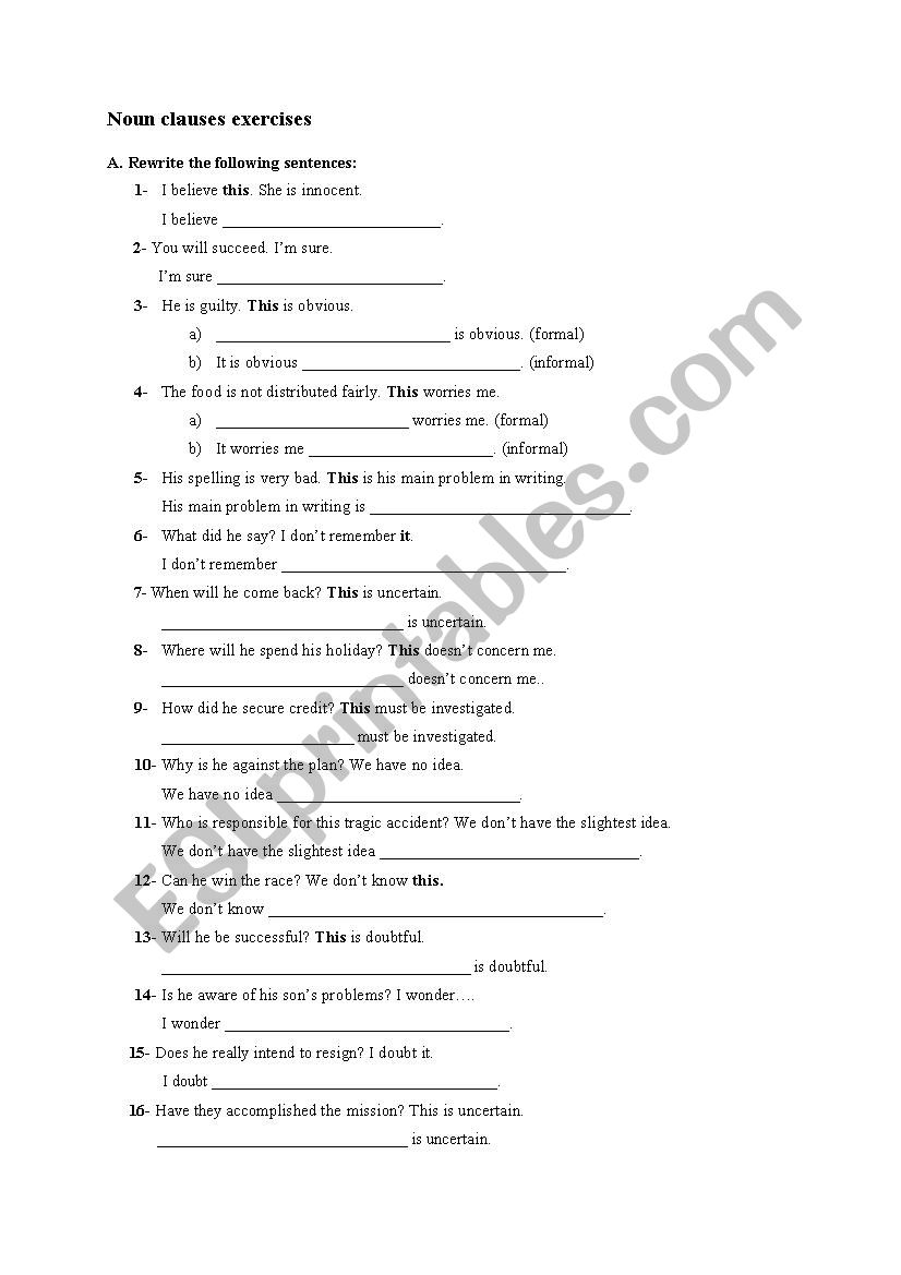 Noun clauses exercises worksheet