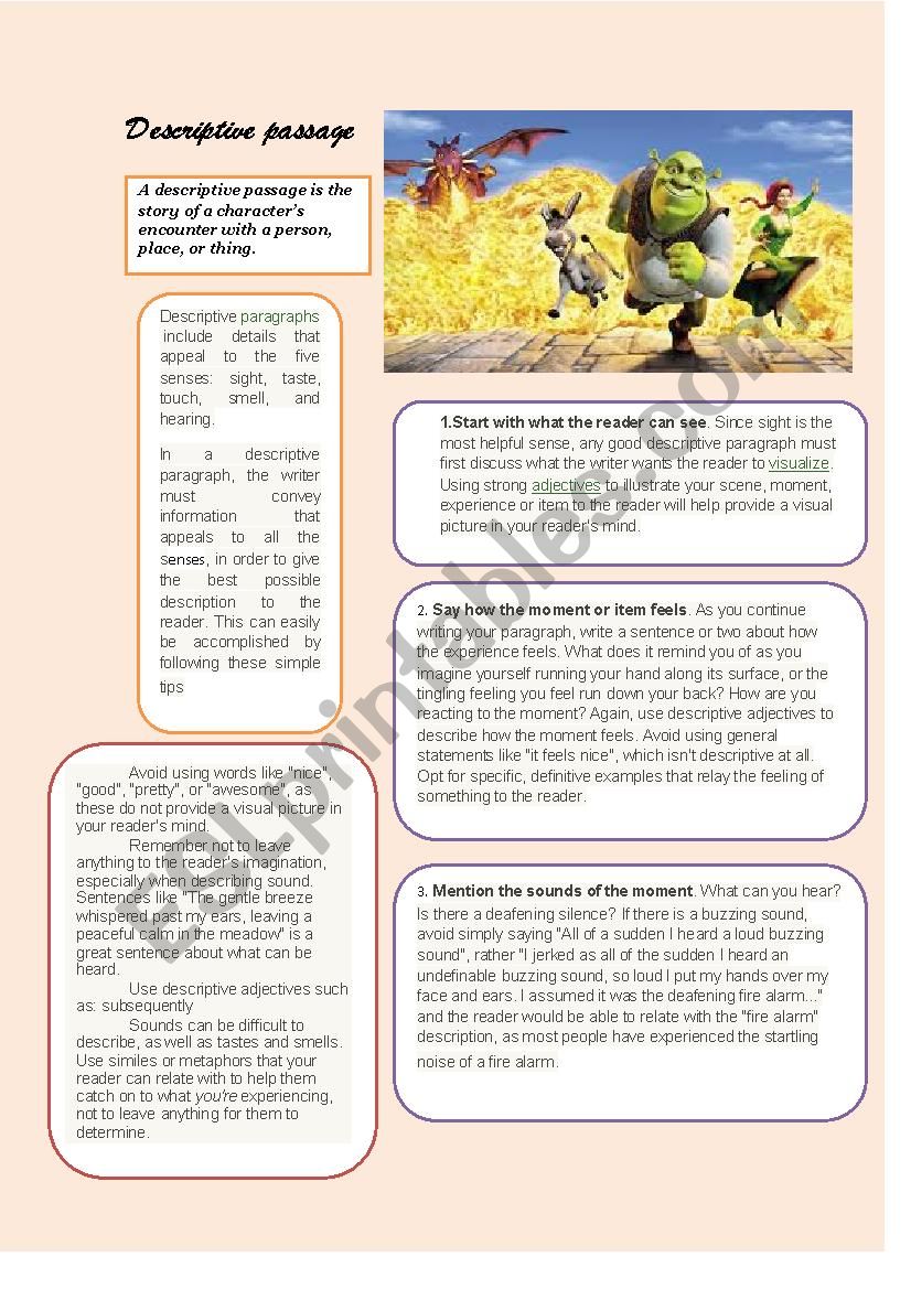 Descriptive Passage steps worksheet