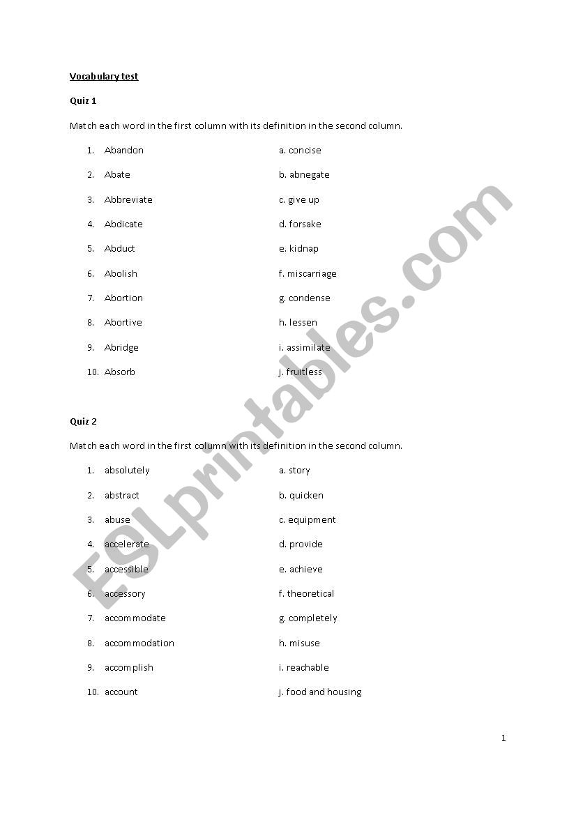 vocabulary test worksheet