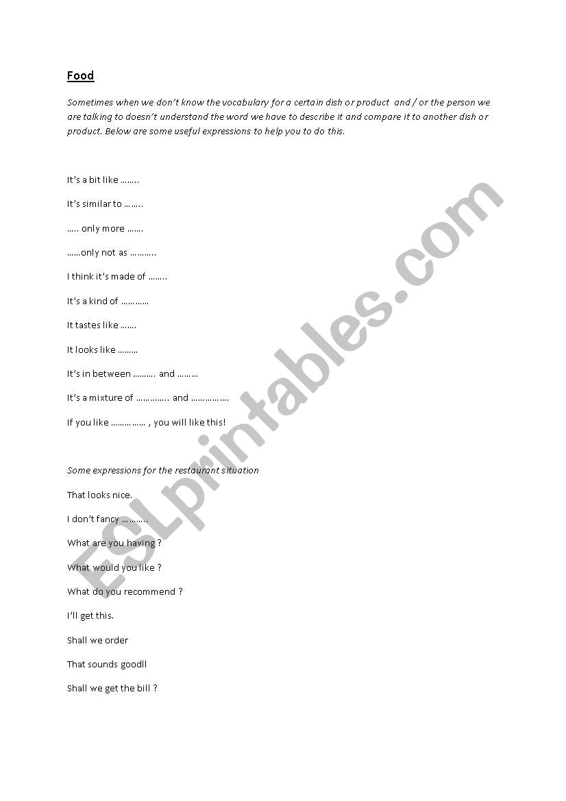 describing a menu worksheet