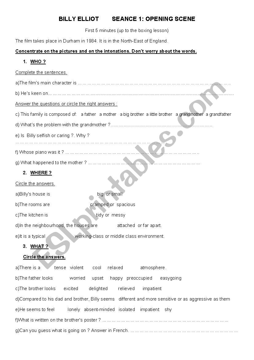 Billy Elliot worksheet