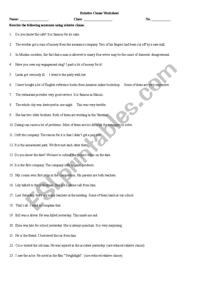 Relative Clauses worksheet