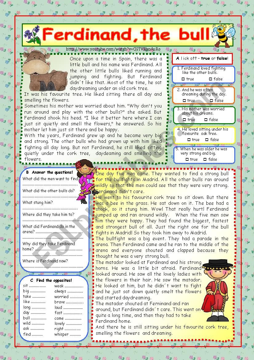 Ferdinand, the bull worksheet