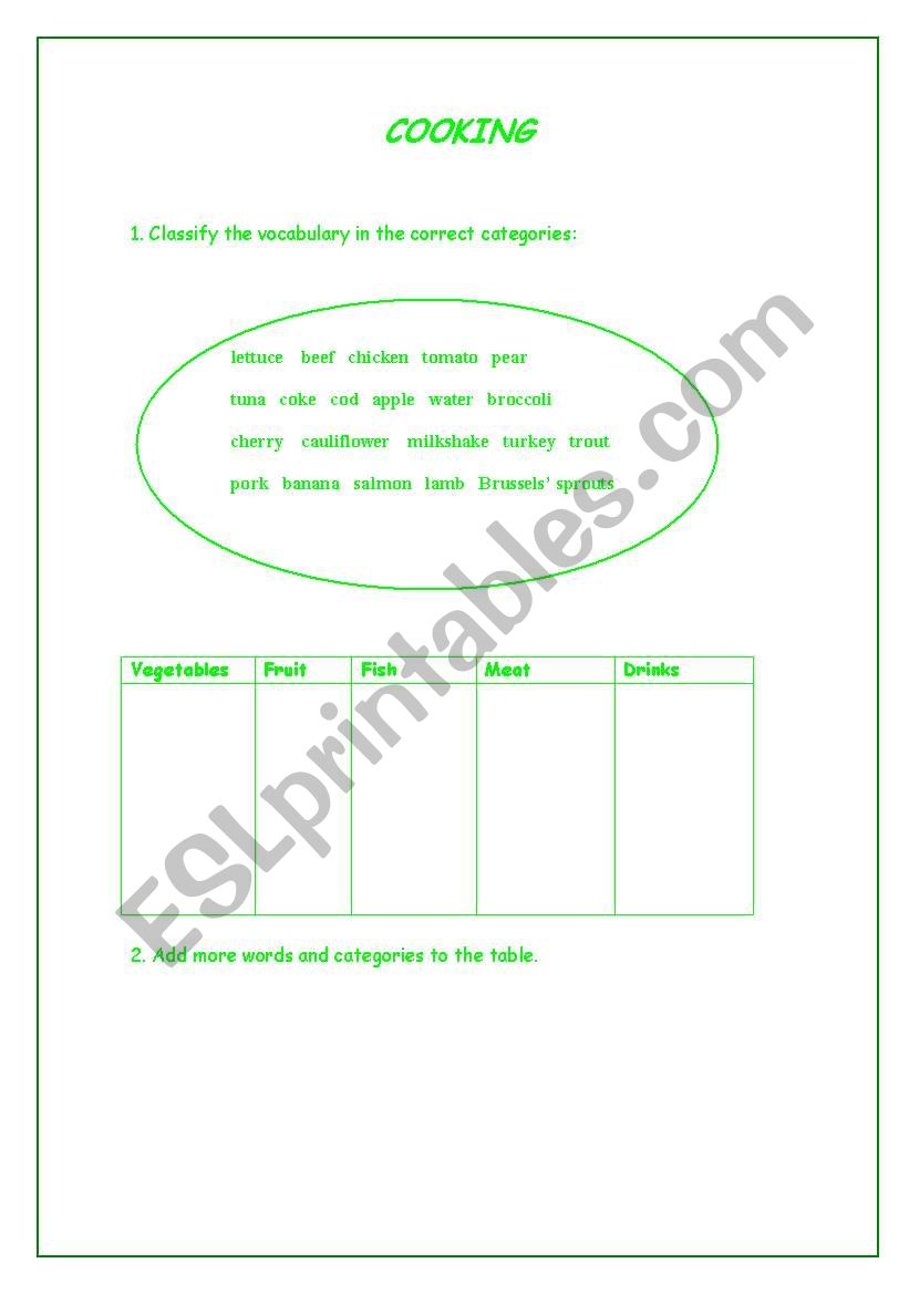 cooking worksheet