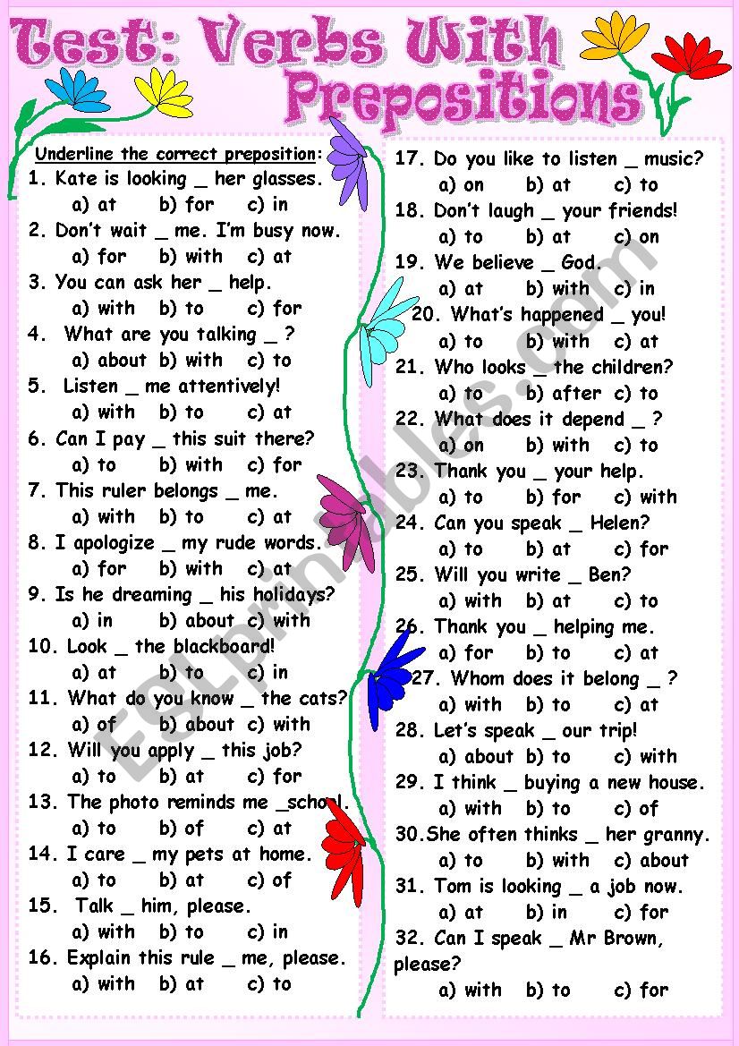 Test: Verbs With Prepositions worksheet