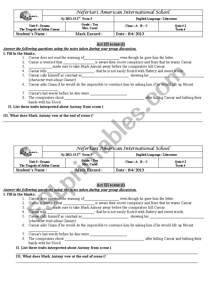 Act 3 Julius Caesar quiz  worksheet