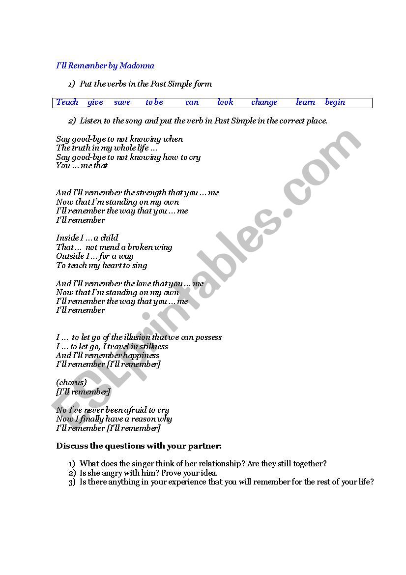 Ill remember by Madonna worksheet