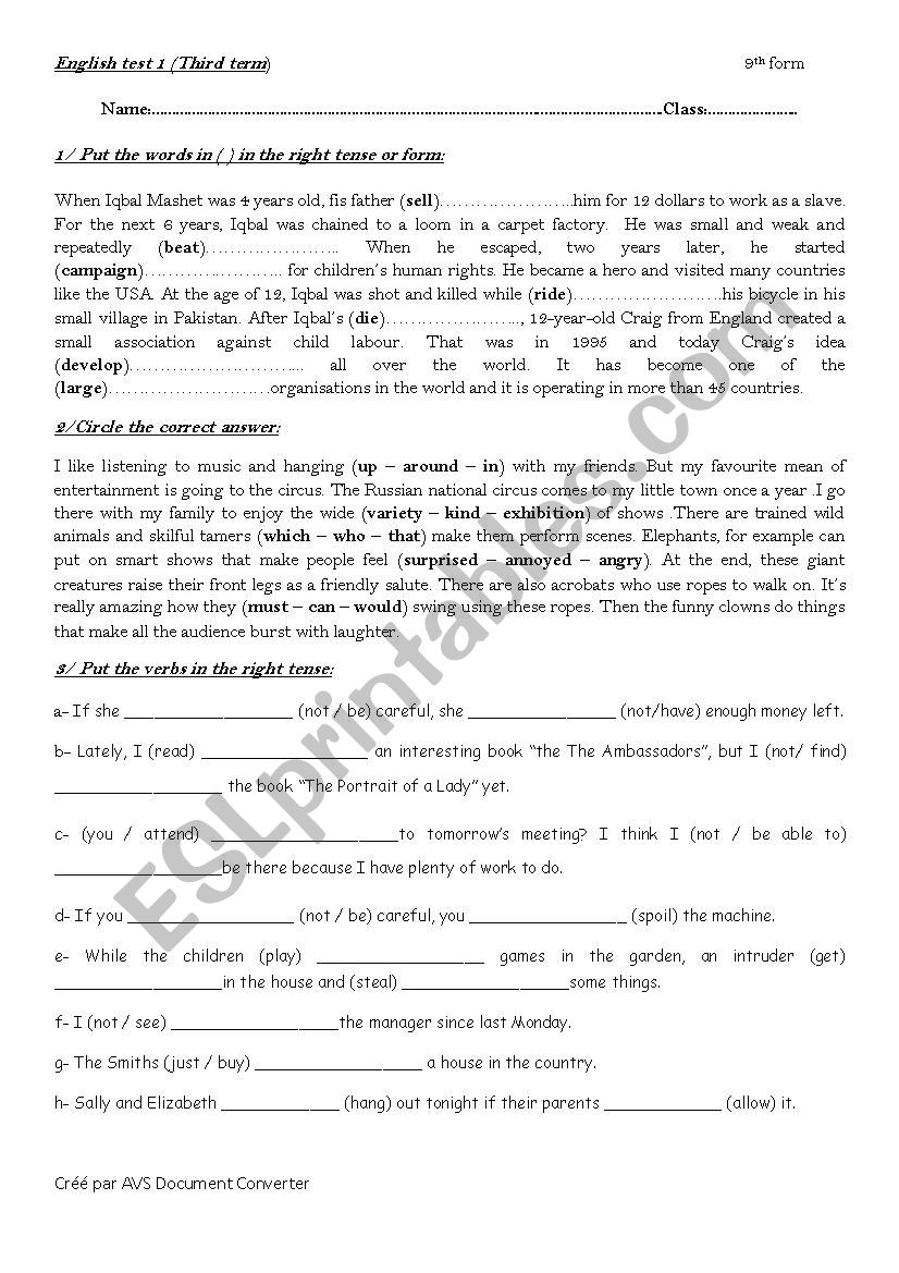 test 9th form  worksheet