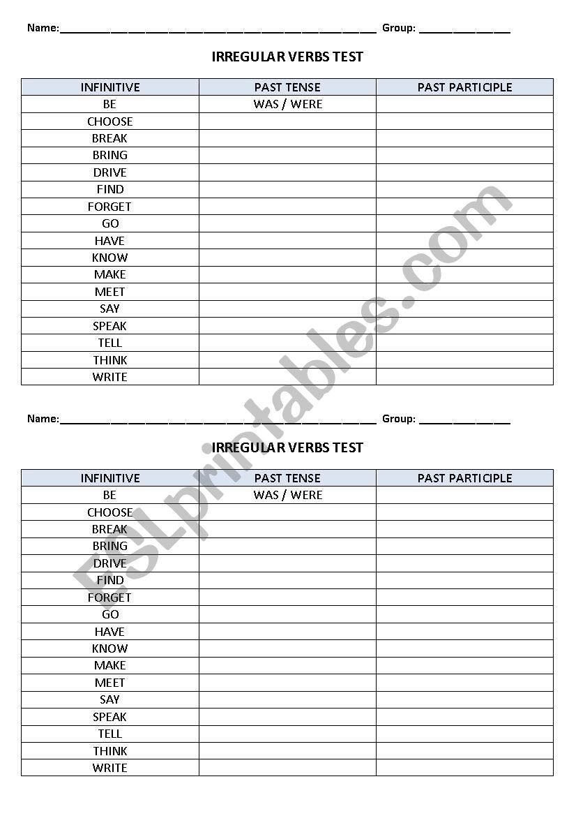 IRREGULAR VERBS TEST worksheet