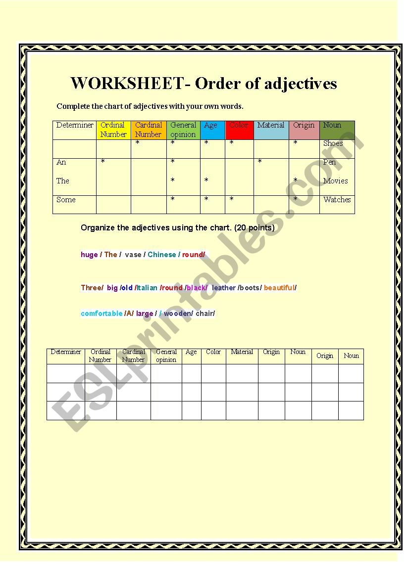 Order of adjectives worksheet