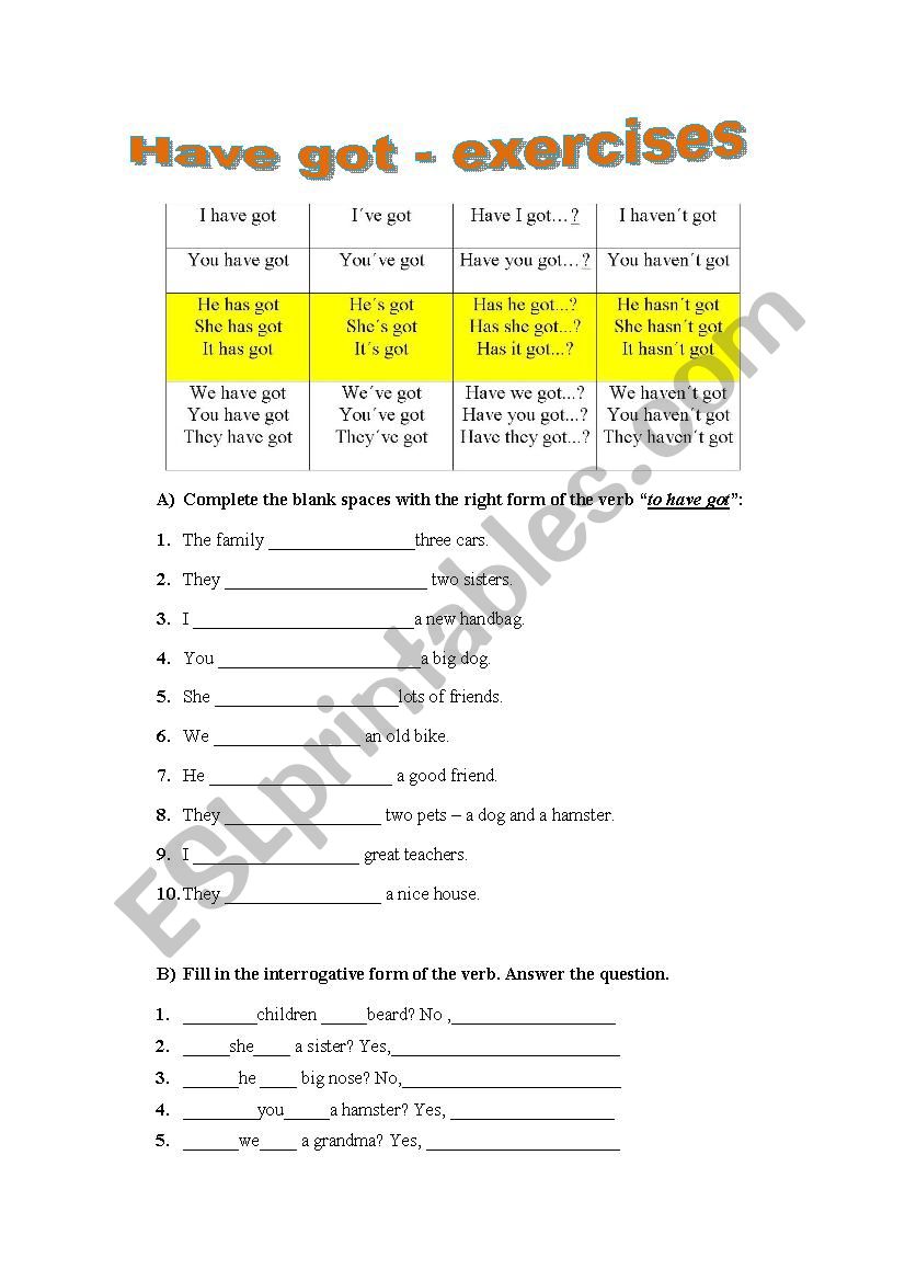 Have Got - exercises worksheet