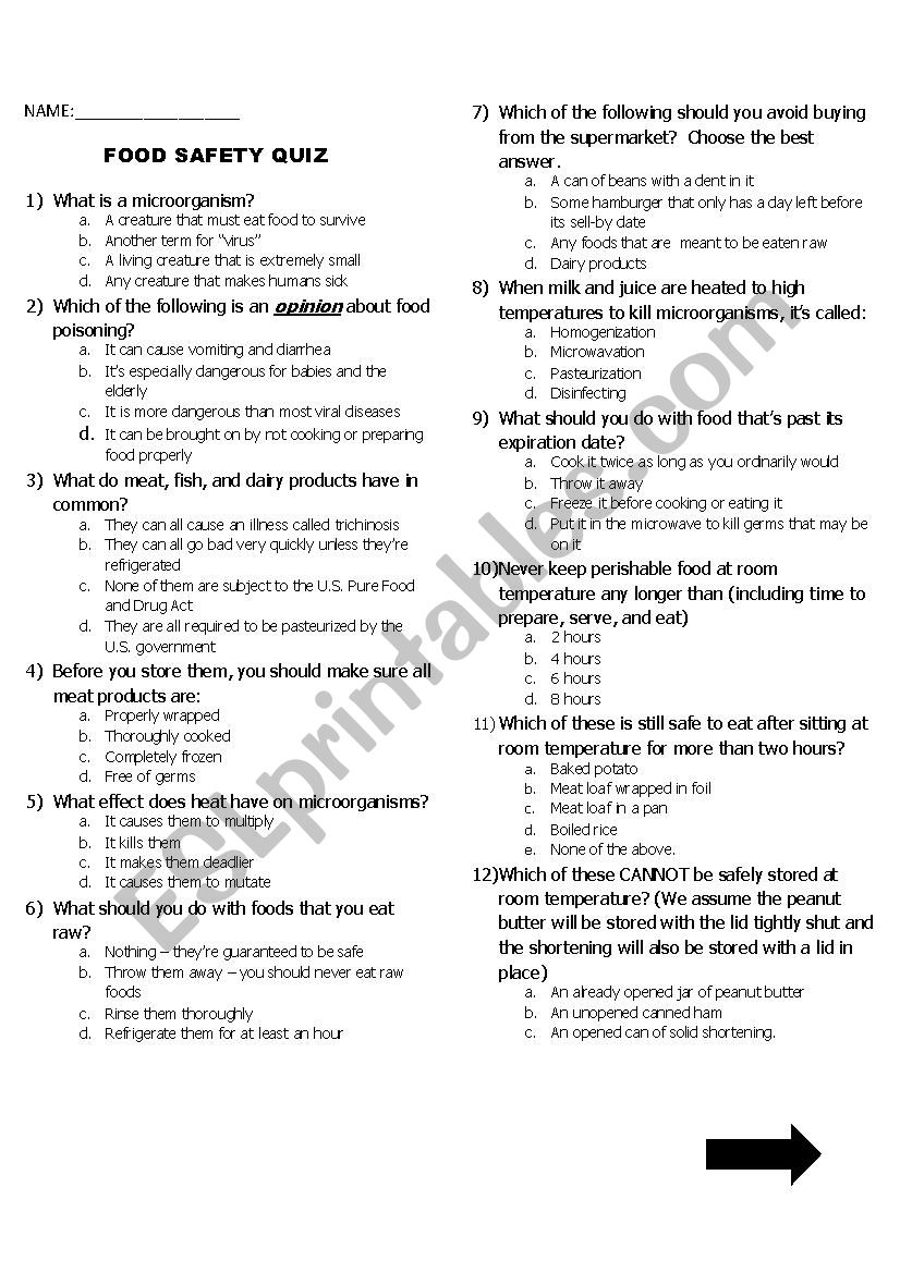 Food Safety Quiz worksheet