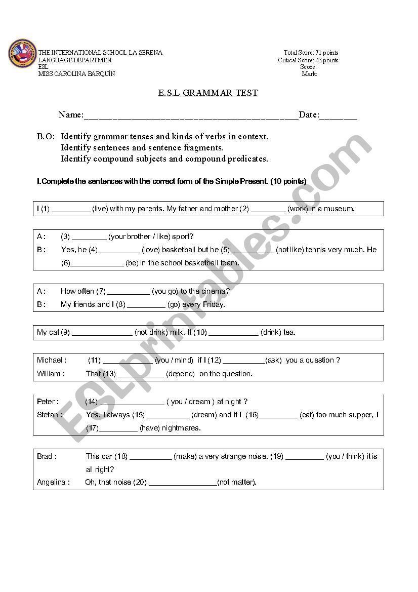 E.S.L grammar test worksheet