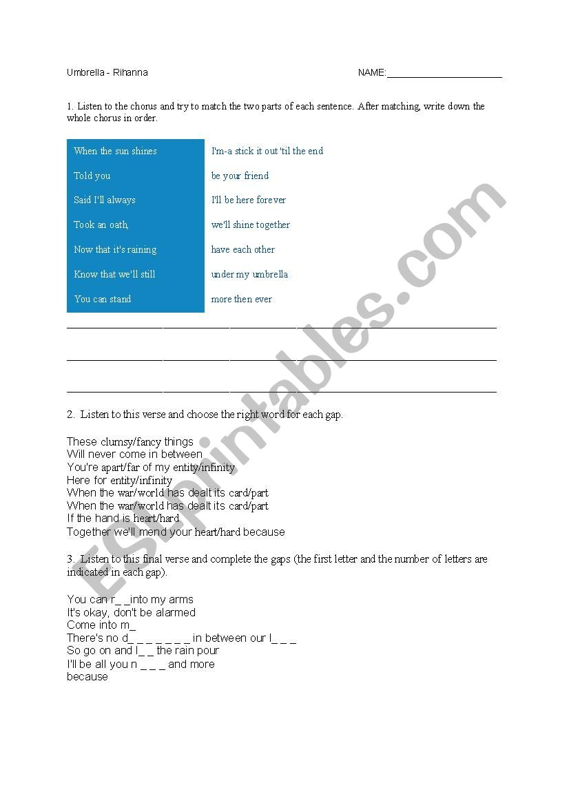 Umbrella - Rihanna worksheet