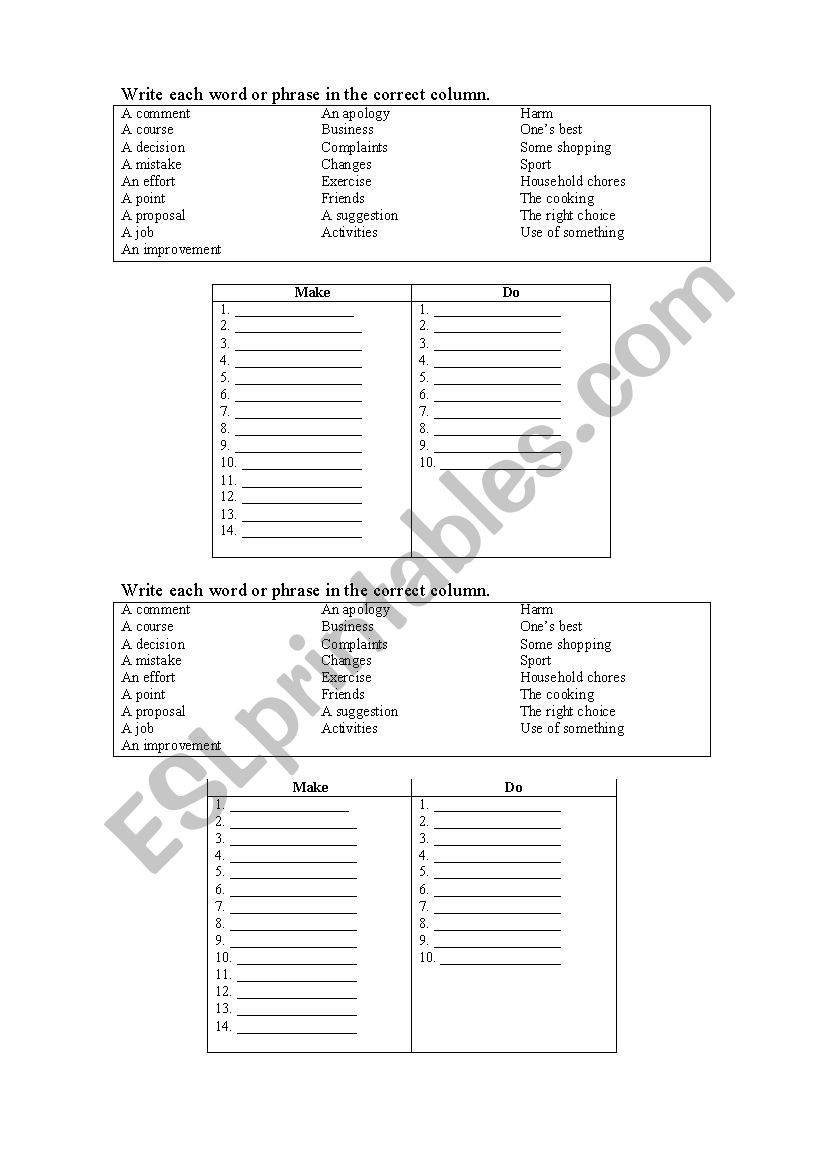 Make and DO worksheet