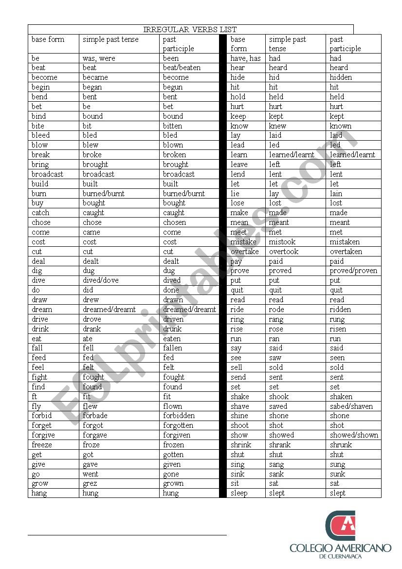 IRREGULAR VERBS worksheet